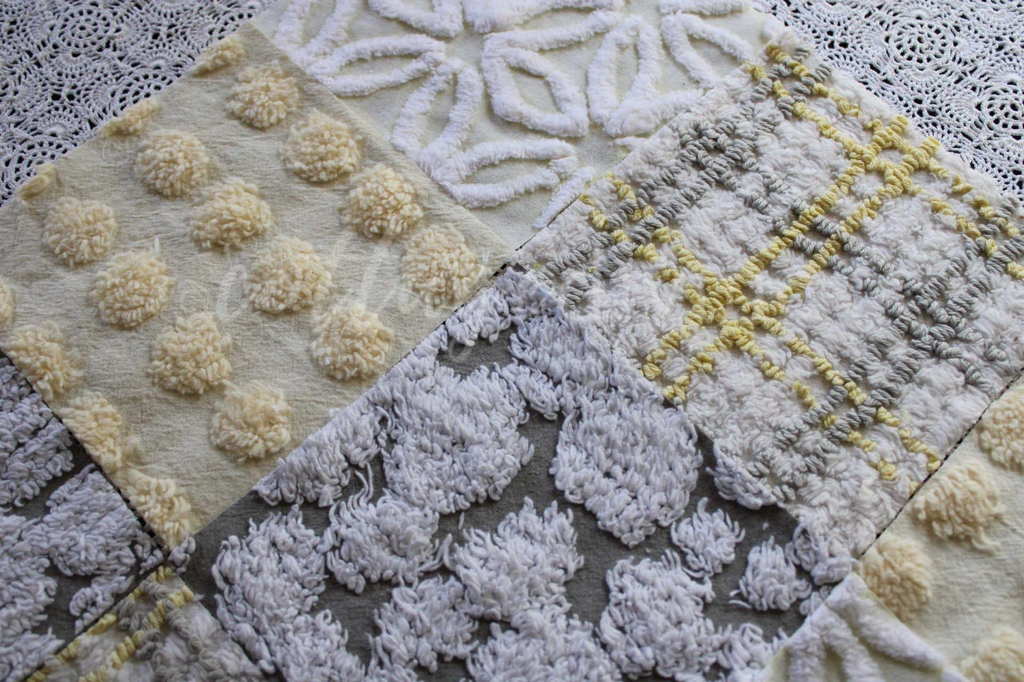 vintage chenille quilt squares, sunshine through clouds, set of 16 grey, white & yellow 6" geometric quilt blocks
