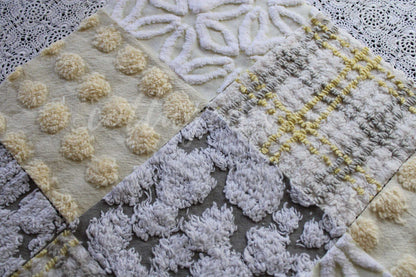 vintage chenille quilt squares, sunshine through clouds, set of 16 grey, white & yellow 6" geometric quilt blocks
