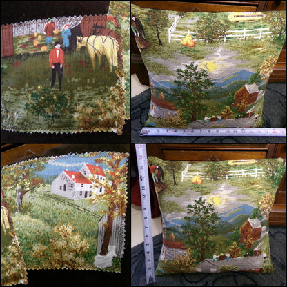 Vintage Barkcloth Pillow Grandma Moses Halloween Folk Art w/ Velvet Back Handmade Americana