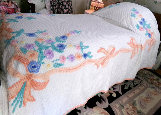Shabby Chic Vintage Chenille Bedspread, Well-Loved Full Size Cottage Floral Bedding