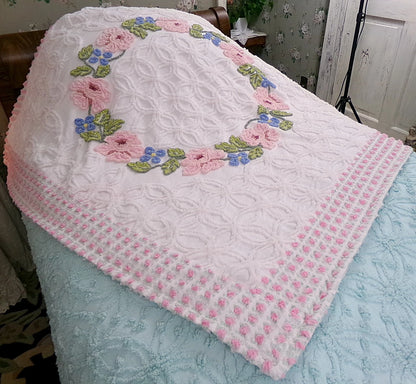Vintage Floral Quilt Handmade from Shabby Chenille Bedspread Fabrics 52x45.5"