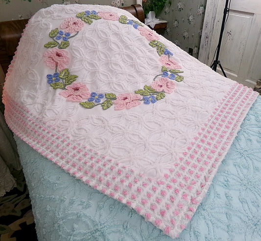 Vintage Floral Quilt Handmade from Shabby Chenille Bedspread Fabrics 52x45.5"