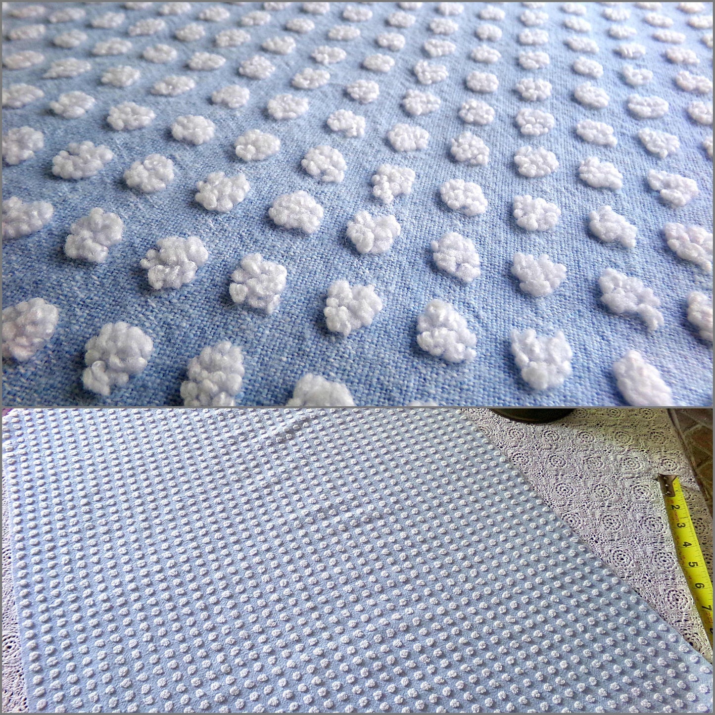 Vintage Chenille Bedspread Fabric Bubble White Pops Sky Blue 18x24" Quilt Material