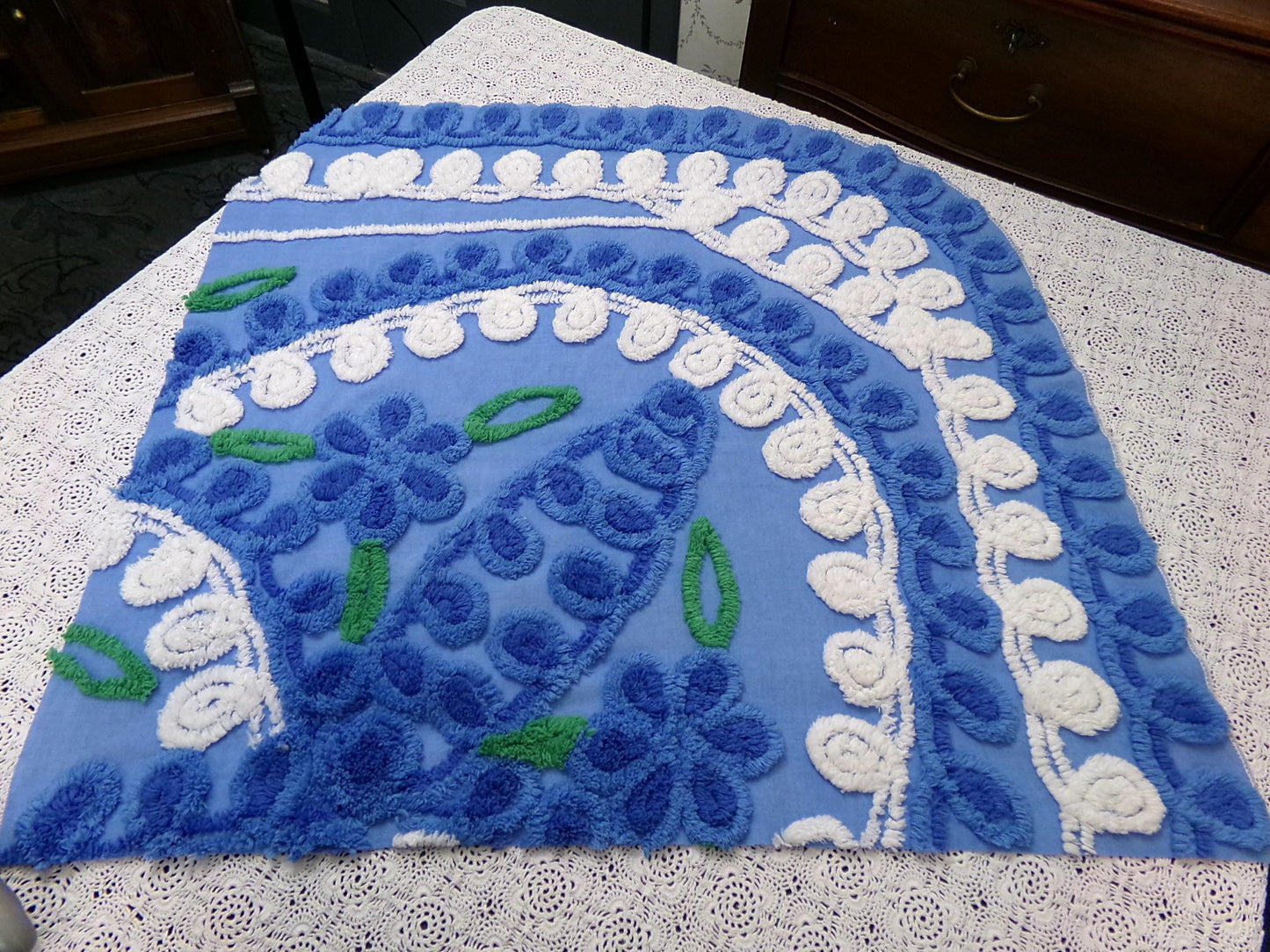 Vintage Midnight Blue Chenille Bedspread Fabric Abstract Celestial Florals 24x25"