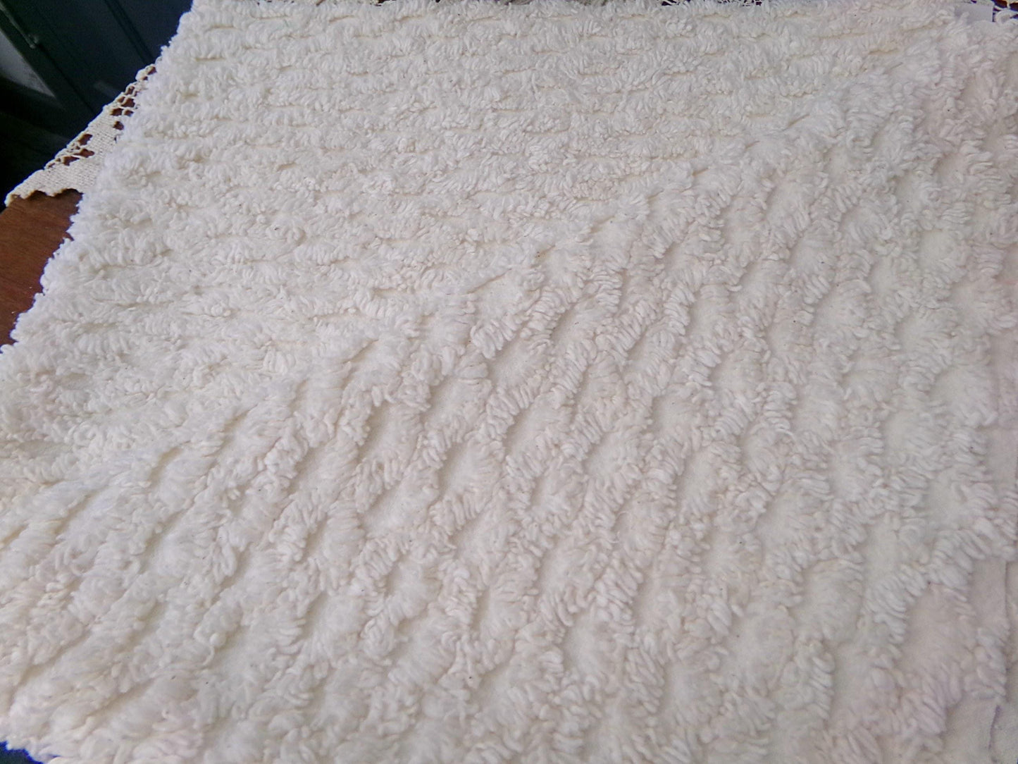 Simple Vanilla Vintage Chenille Fabric, tufted lattice design, sewing craft quilt material, 20" x 24" piece