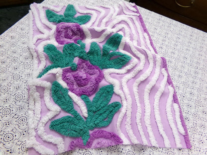 Violet Roses Vintage Chenille Bedspread Fabric 18x23" Sweeping White Waves