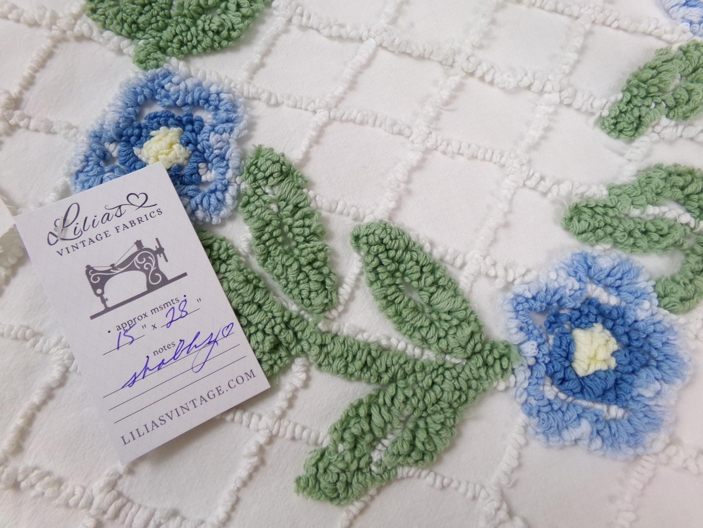 Floral Wreath Vintage Chenille Fabric, Blue & White Sewing Material 15" x 28" Piece