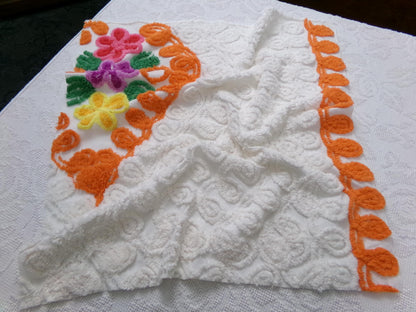 orange & white vintage chenille bedspread fabric, abstract swirl floral design, 25" x 23"