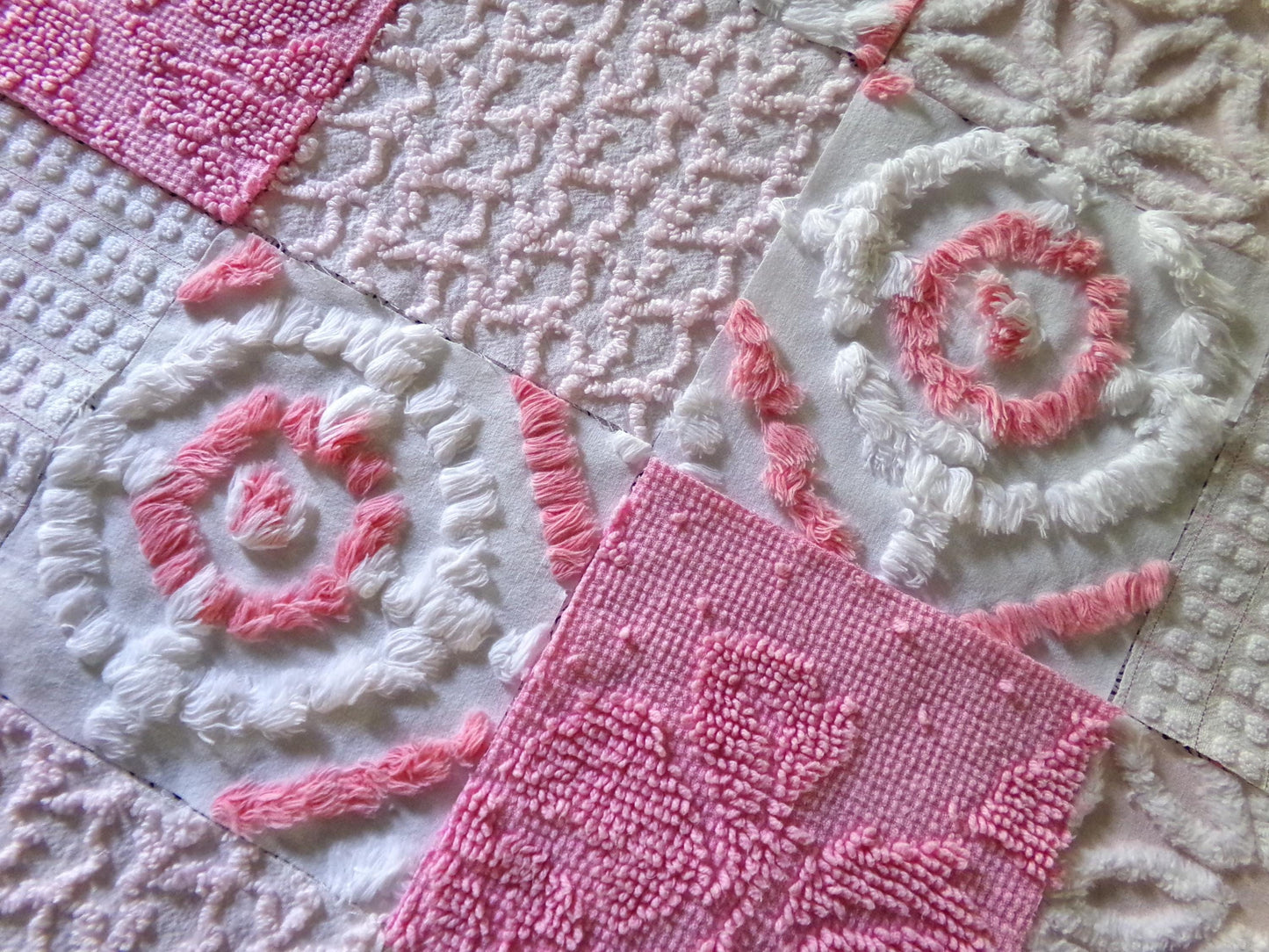 cottage pink & white chenille fabric squares, 16 pretty vintage 6" quilt blocks in girly colors, daisies, dots, squiggle textures