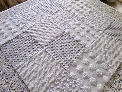 Snowstorm White Vintage Chenille Fabric Squares, Diamond Ice, Coin Pop, Squiggle & Micro Grid, Set of 16 Quilt Blocks, 6" x 6" inch each