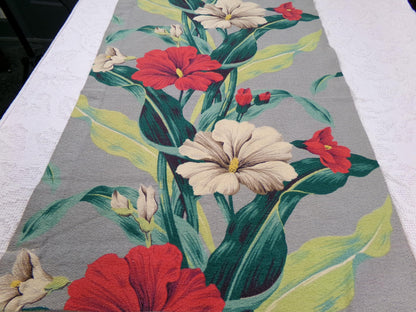 Bold Vintage Barkcloth Fabric Hawaii Hibiscus Pattern Gray Red Cream 19" x 27"