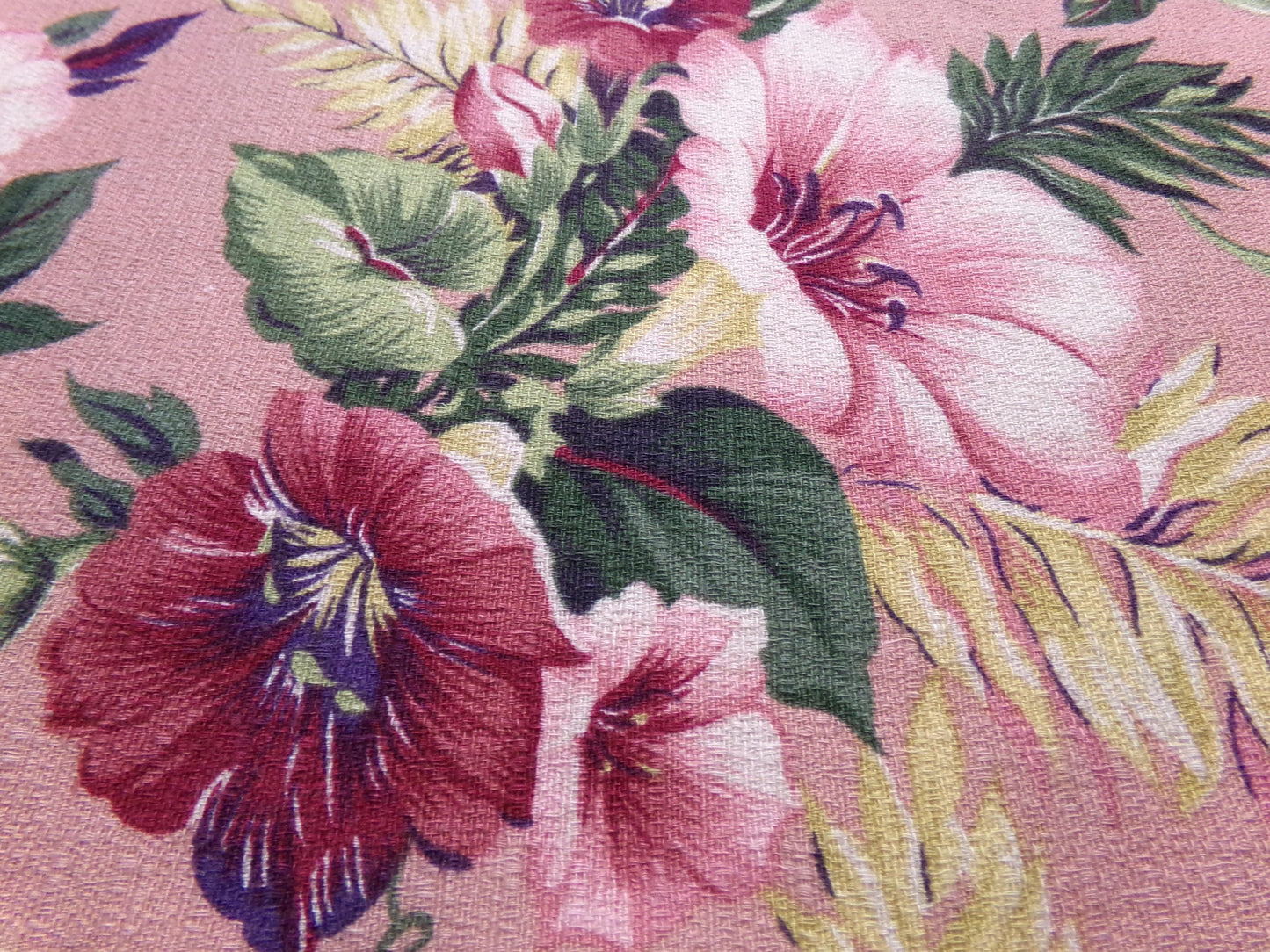 Vintage Barkcloth Fabric Mauve Tropical Hibiscus Floral Island Cottage Shabby 17x36"