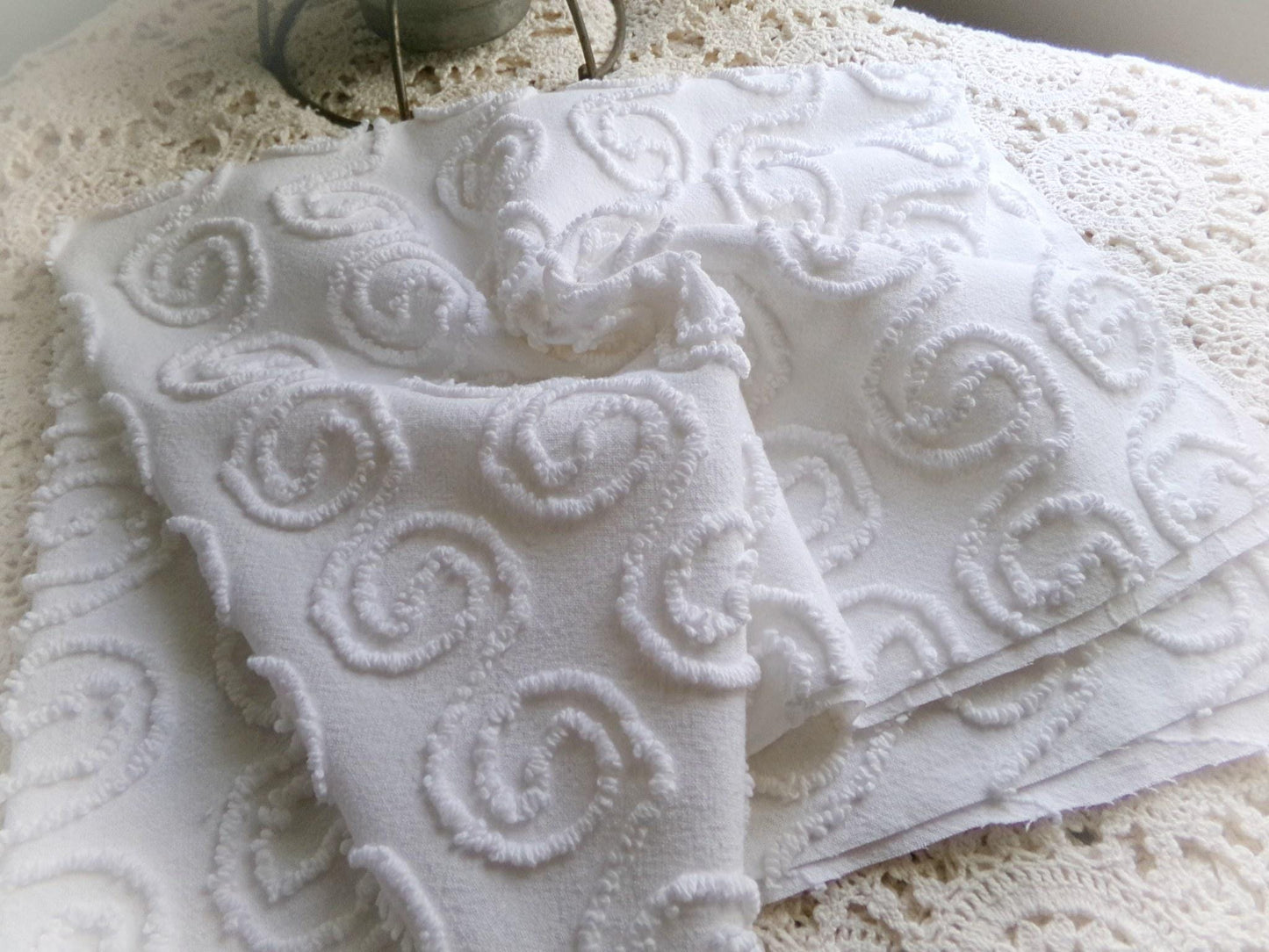 spiral curl squiggles vintage chenille fabric, ultra lightweight white cotton sewing material with great texture, 20" x 24" inch piece