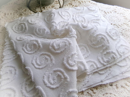 spiral curl squiggles vintage chenille fabric, ultra lightweight white cotton sewing material with great texture, 20" x 24" inch piece