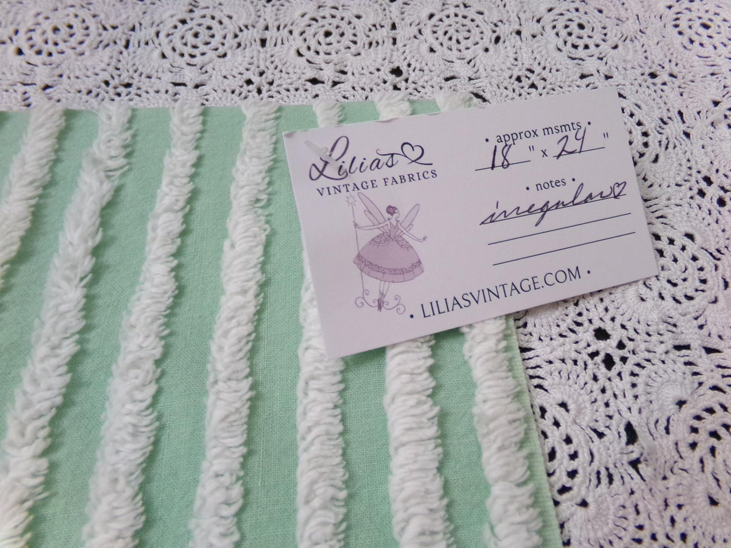 Vintage Chenille Bedspread Fabric, White Multidirectional Stripe Mint Green 18x24"