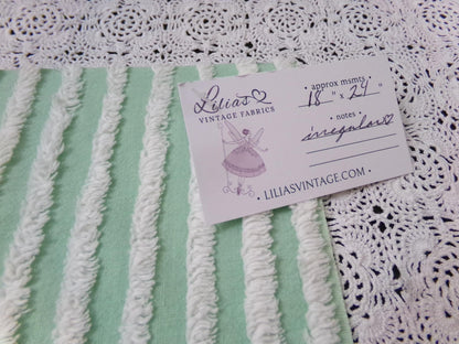 Vintage Chenille Bedspread Fabric, White Multidirectional Stripe Mint Green 18x24"