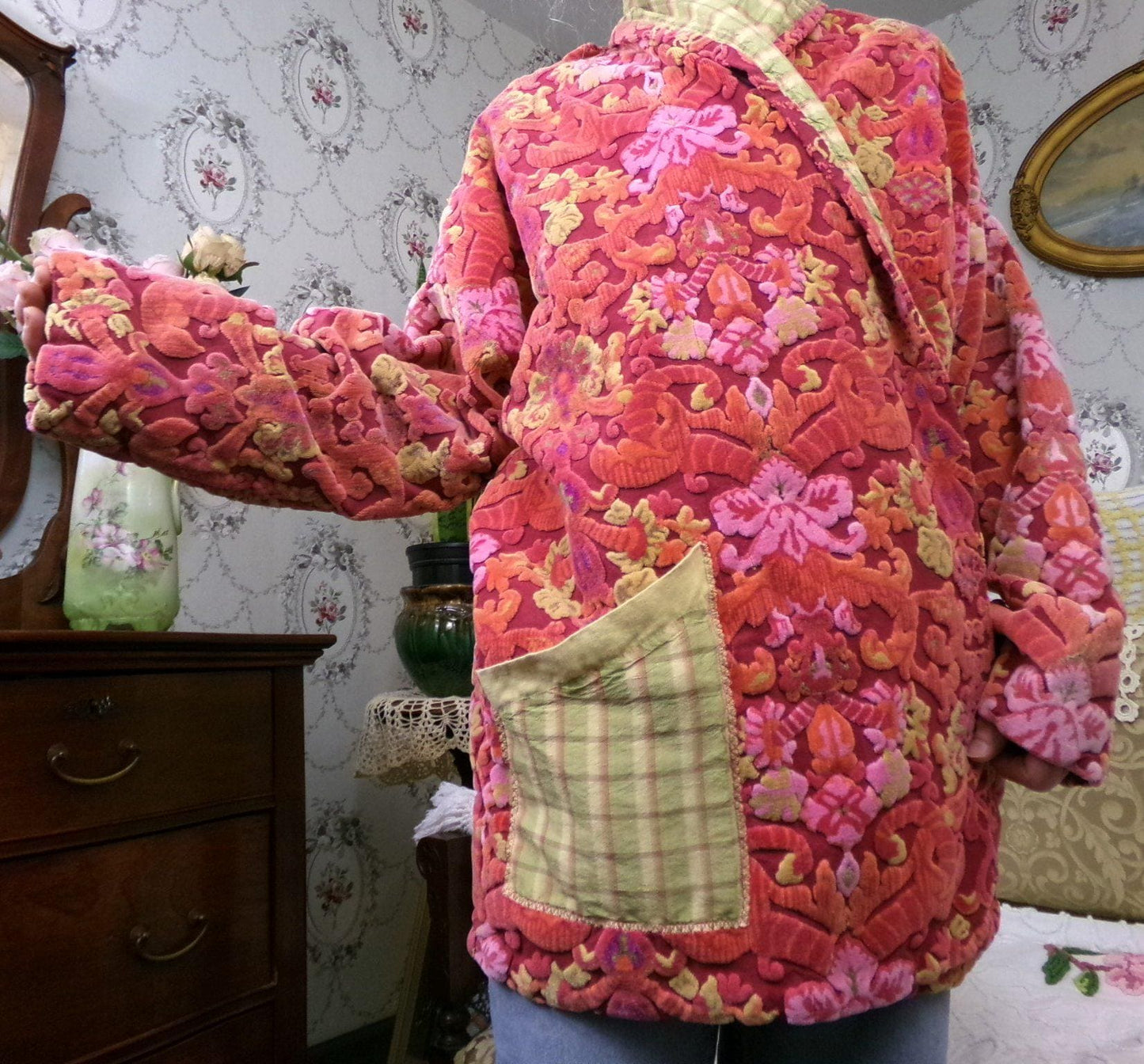 Vintage Bates Velvet Chenille Jacket Handmade Oversized Womens Red Baroque Damask Boho Style, s/m/l/xl
