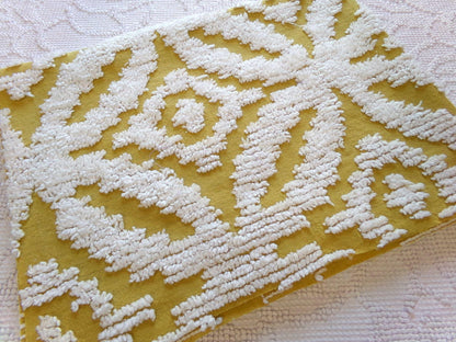 honey harvest gold vintage chenille fabric, retro 18" x 25" cut piece, white geometric tufts, lightweight cotton sewing fabric