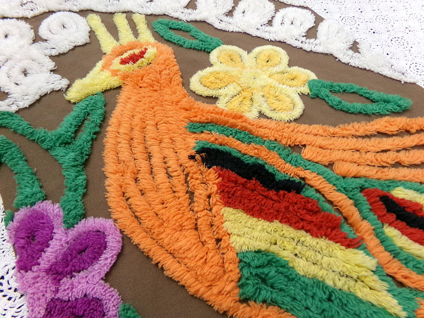 peacock vintage chenille bedspread fabric boho bird brown orange 14x21" small piece