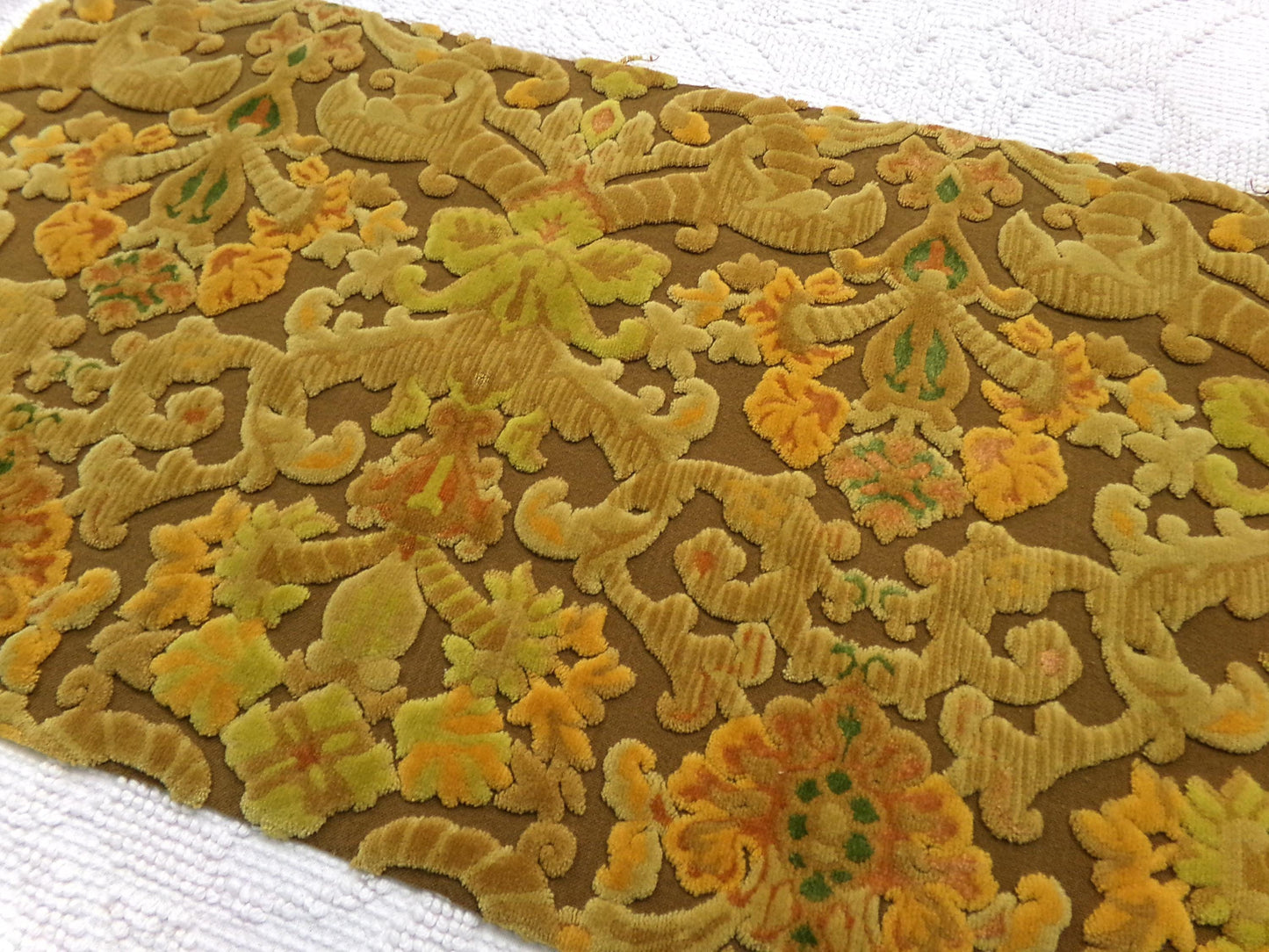 vintage cut velvet fabric, rusty coppertone boho tapestry style Bates design, 12" x 20" cut piece, for wallhanging, small bags