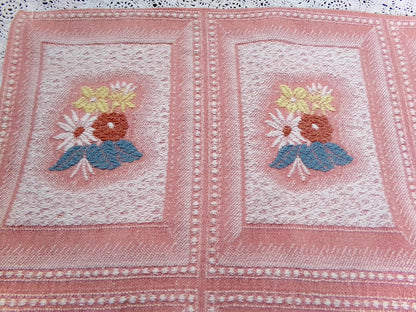 Vintage Pink Floral Fabric, Cotton Woven Cottage Windowpane Design 16.5x23"