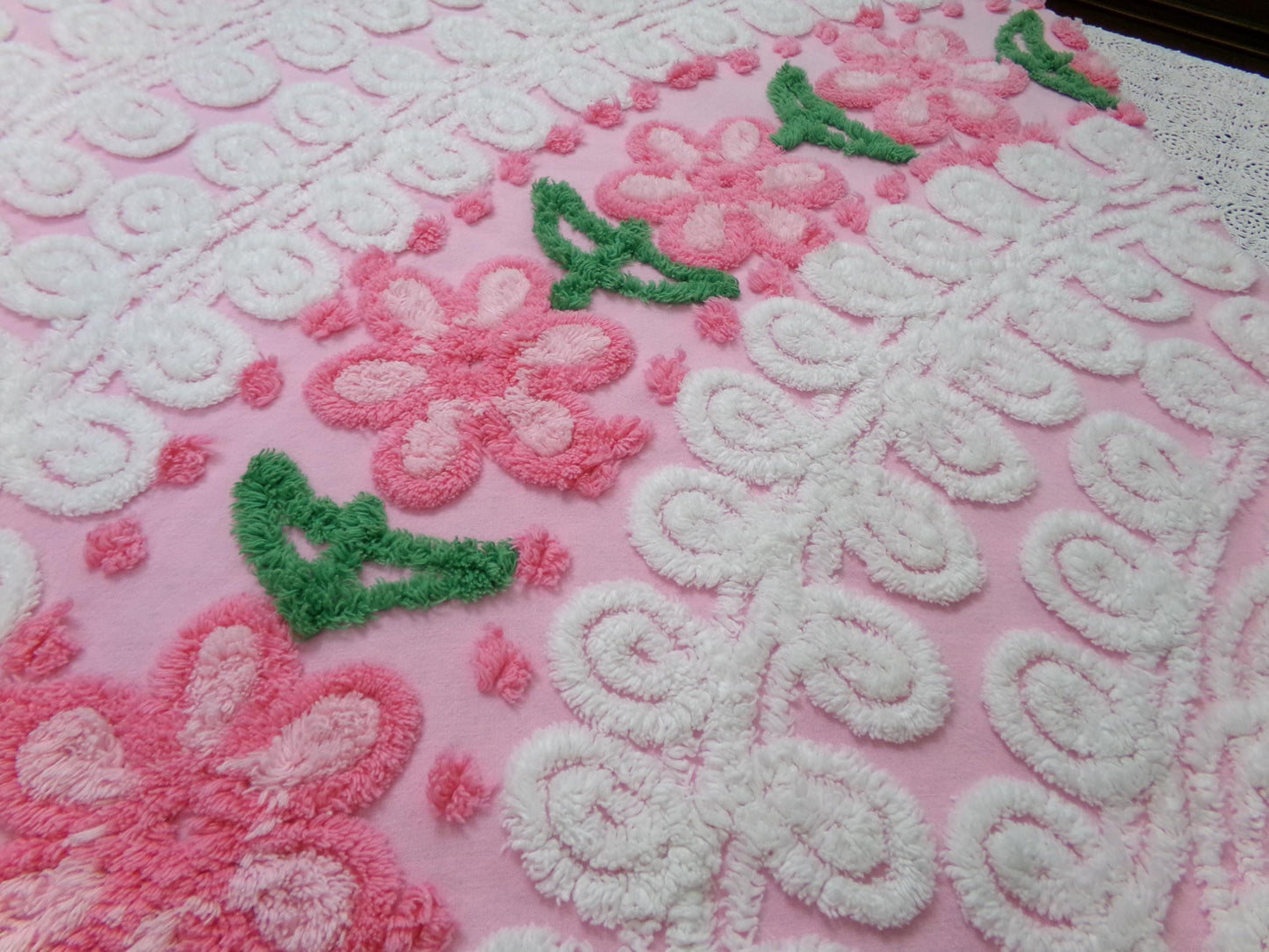 SweetPea Pink Floral Arc Vintage Chenille Bedspread Fabric, 20" x 25" piece