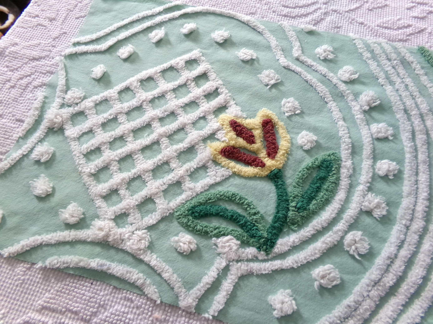 springtime tulip vintage chenille fabric, mint green floral cotton sewing material, 13" x 23" inch piece