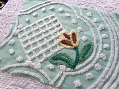 springtime tulip vintage chenille fabric, mint green floral cotton sewing material, 13" x 23" inch piece