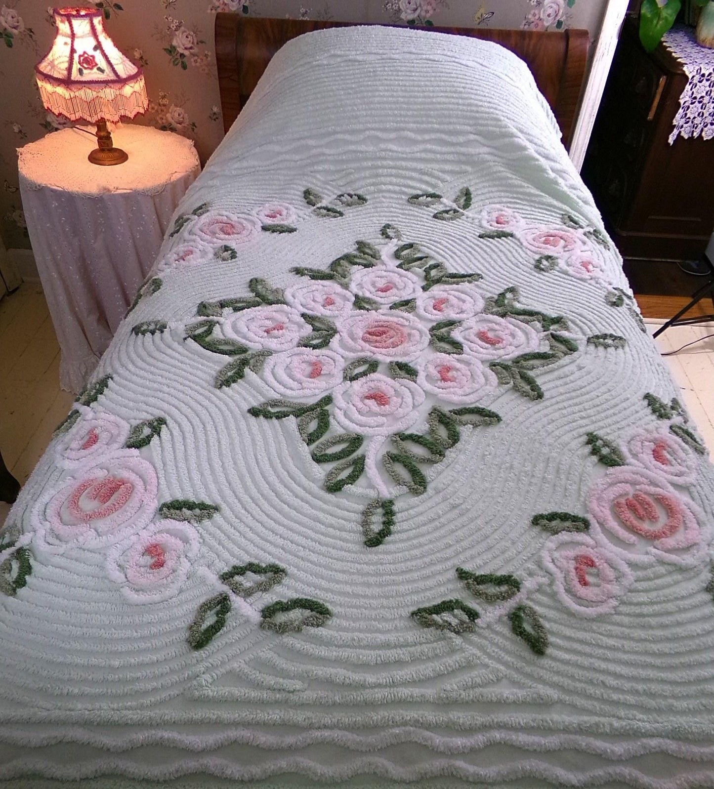 Luxury Vintage Chenille Bedspread, Tufted Cottage Roses on Mint Green, Full Size Boxed & Fitted Design with Integrated Skirt
