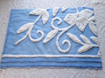 botanical white lily vintage chenille fabric, soothing blue 15" x 22" piece of sewing material for quilting and crafts