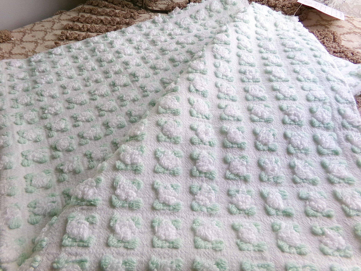 White Rosebuds Vintage Chenille Fabric, 19x25" Piece