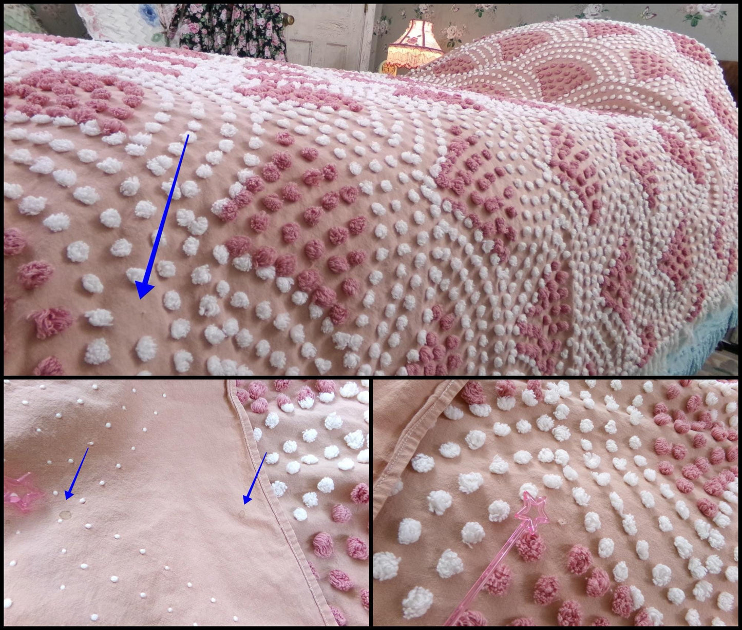 pink mermaid tails vintage chenille bedspread, antique twin size coverlet summer bedding