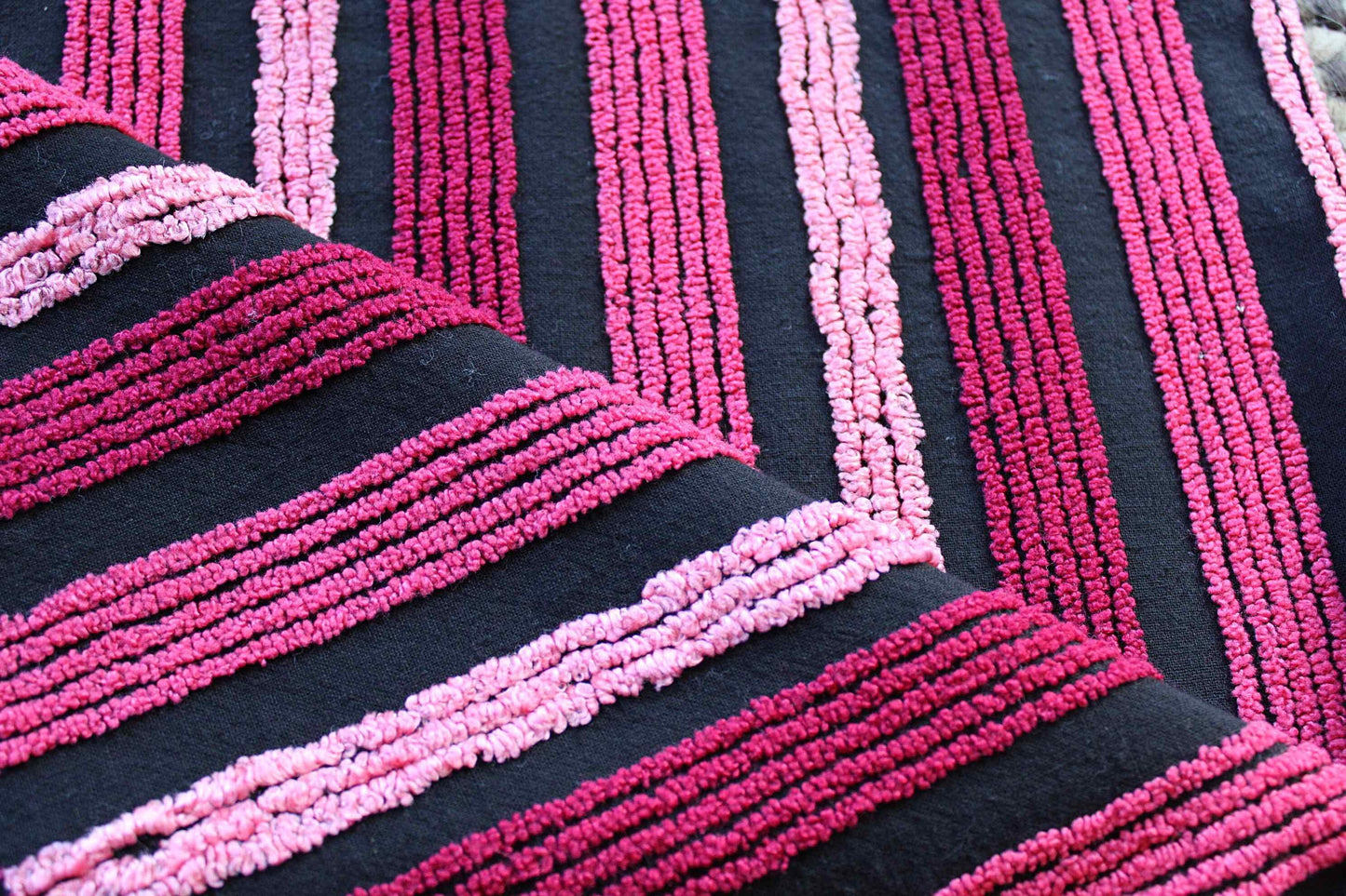Pink on Black Stripes Vintage Chenille Fabric in Multisize Striped Pattern, 20" x 24" Piece, Shabby Chic Lightweight Cotton