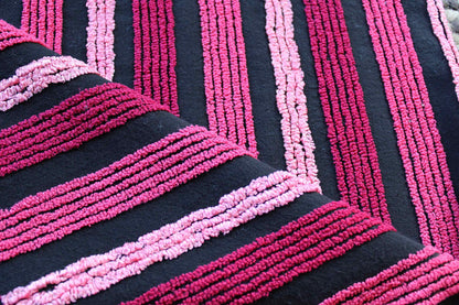 Pink on Black Stripes Vintage Chenille Fabric in Multisize Striped Pattern, 20" x 24" Piece, Shabby Chic Lightweight Cotton