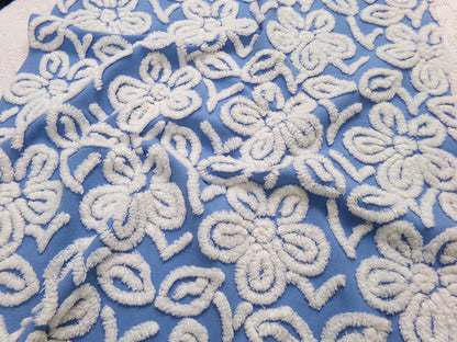Daisy Dance Vintage Chenille Bedspread Fabric, Blue & White Floral Quilt Material 20" x 23" Piece