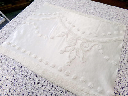 Tufted White Satin Vintage Chenille Bedspread Fabric, Shabby Romantic 19x24"