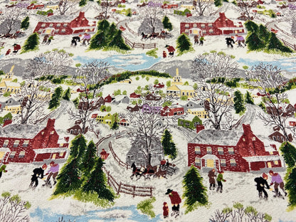 Grandma Moses DEEP SNOW Vintage Barkcloth Fabric, Folk Art Winter Scene 20x21"