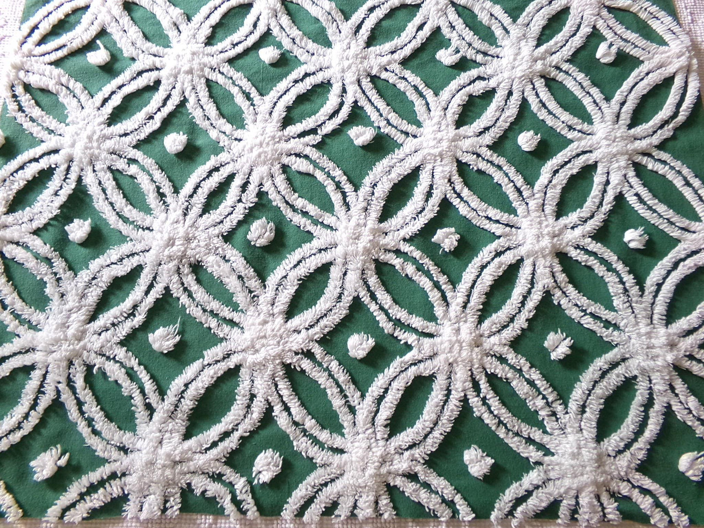 gorgeous green vintage chenille fabric, tufted white wedding rings, fluffy dots on evergreen, 20"x 27" inch piece of quilt & sewing material