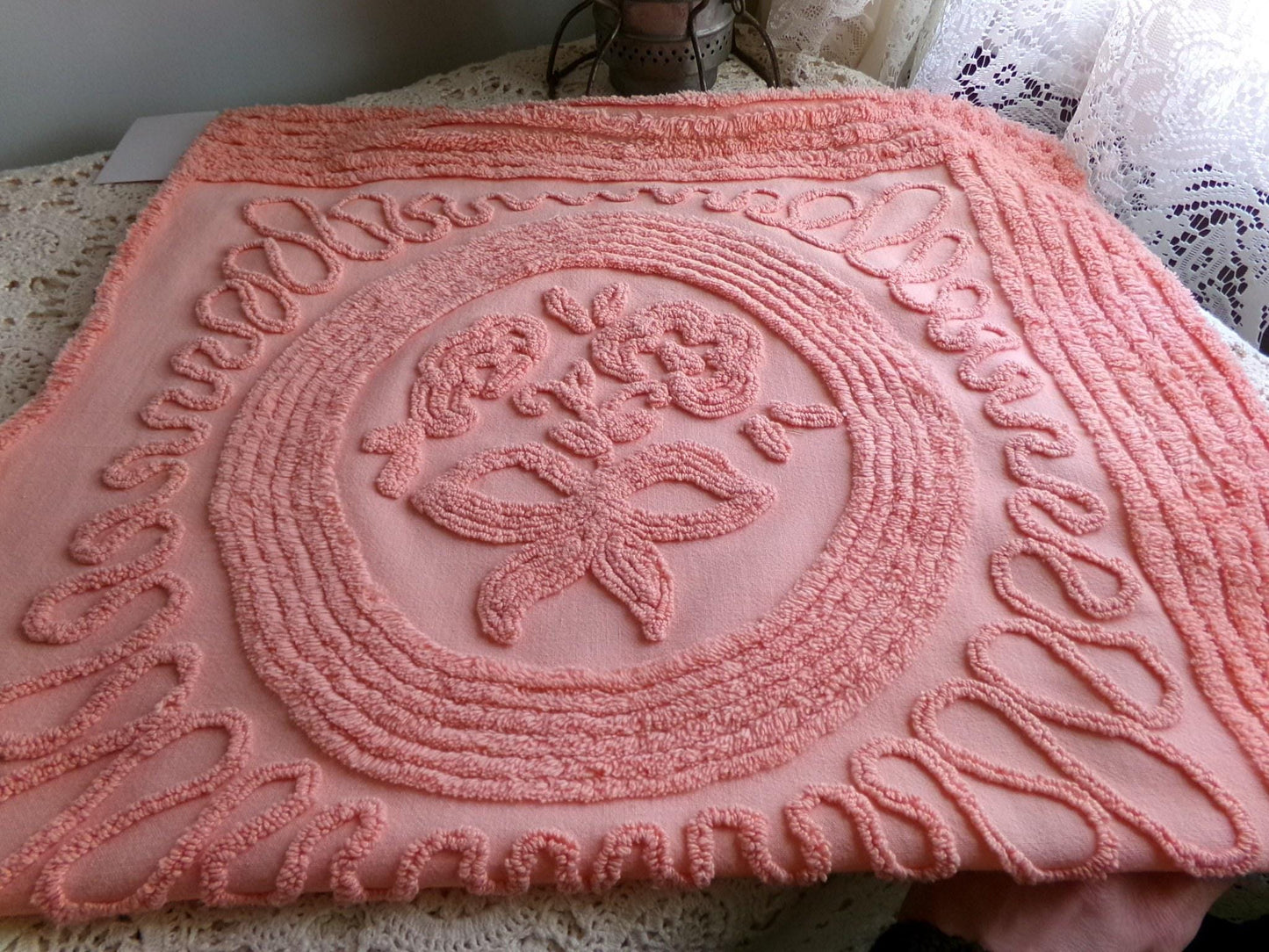 rose cameo vintage chenille fabric, peach needletuft floral bouquet & bow, 20" x 24" inch piece for quilting, sewing