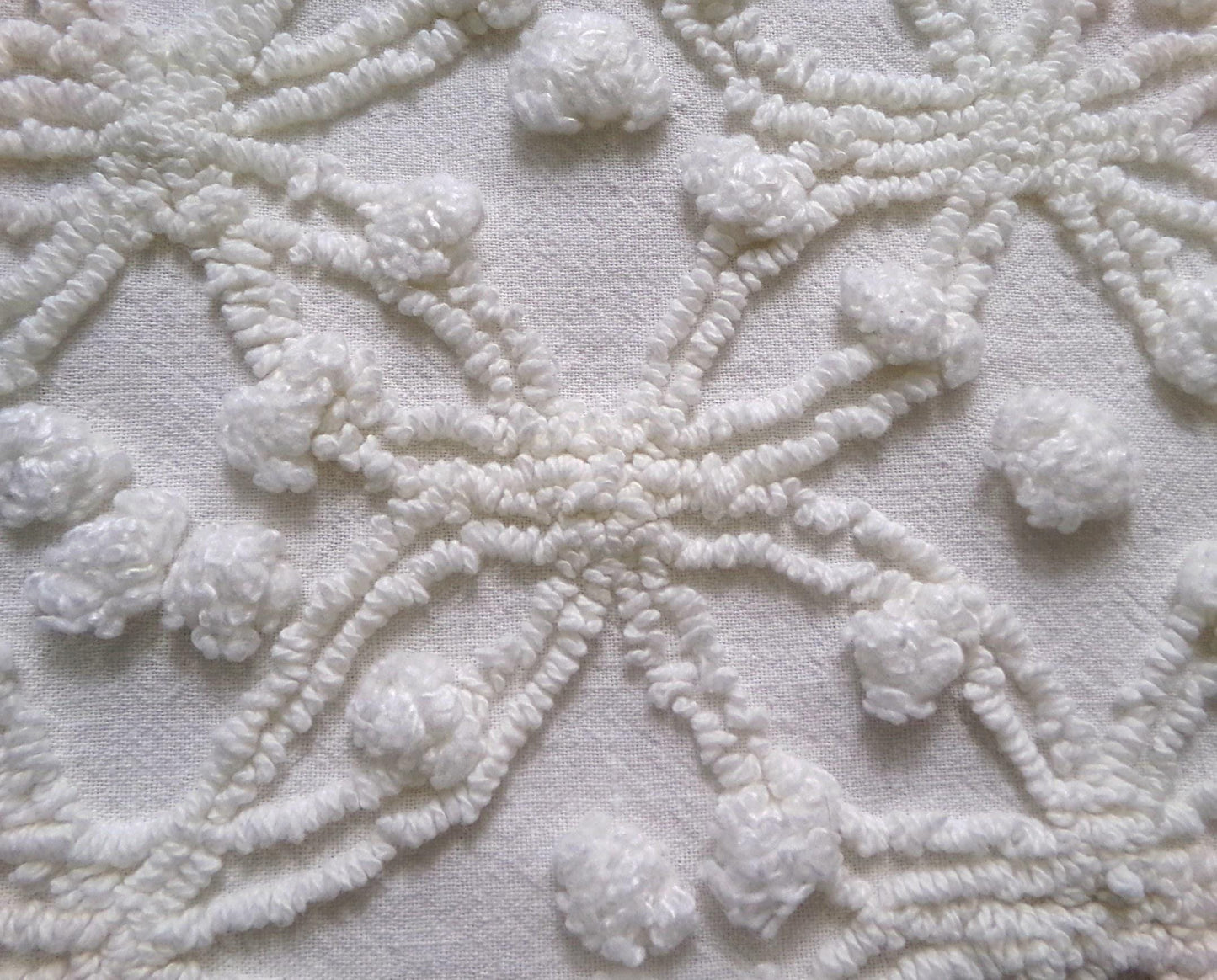 Winter White Snowflakes Vintage Chenille Fabric, neutral tufted pops sewing craft quilt material, 18" x 24" piece