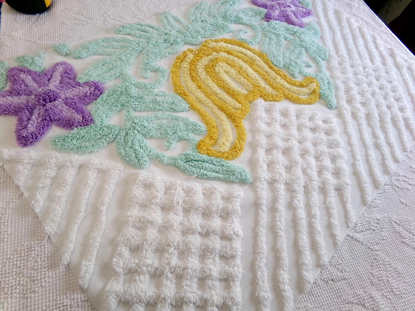 giant tulip vintage chenille fabric w/ purple star flowers on white cotton, 19" x 29" piece of sewing material