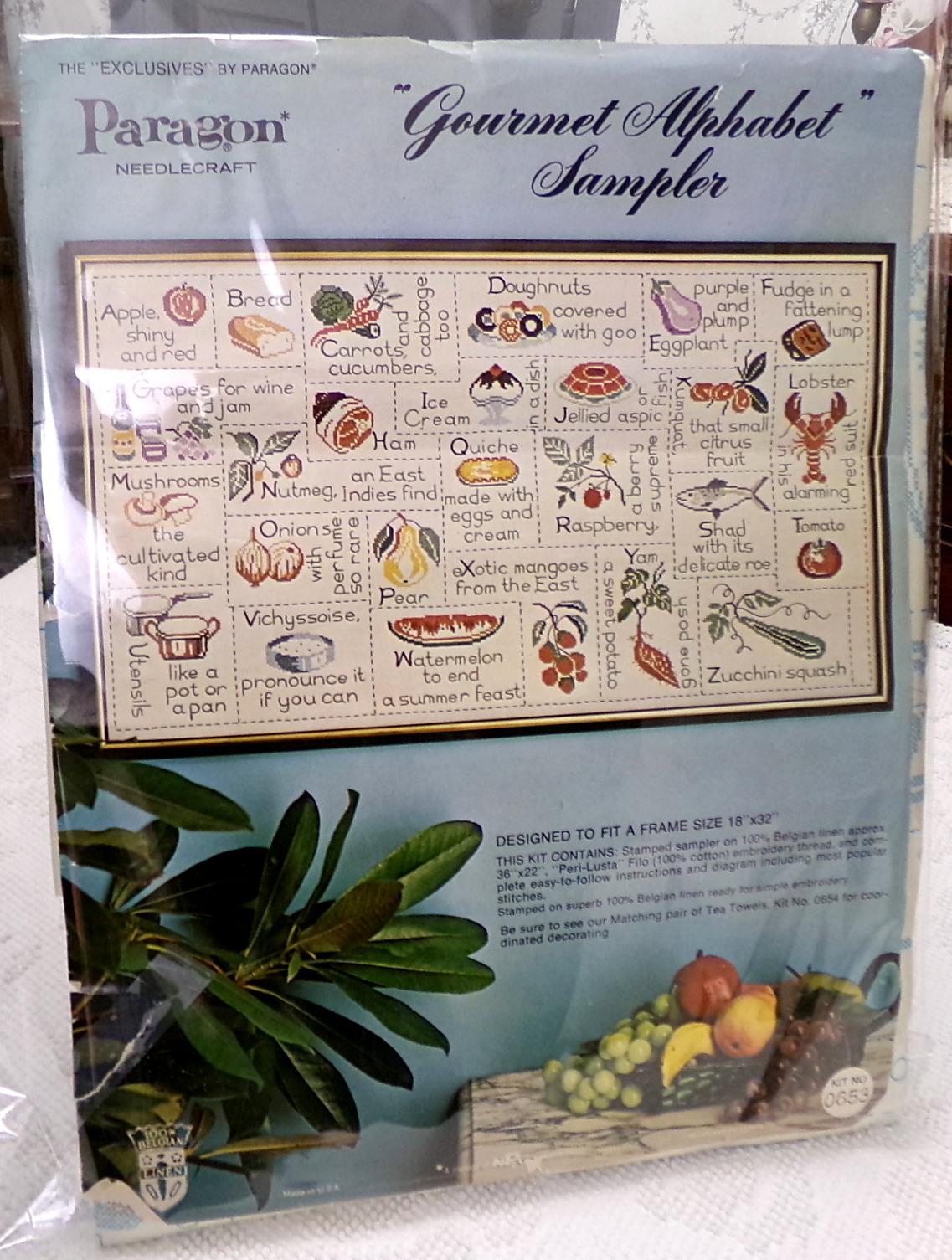 Fun Foodie GOURMET ALPHABET SAMPLER Embroidery Vintage Paragon 0653 Kitschy Kitchen Stitchery Kit