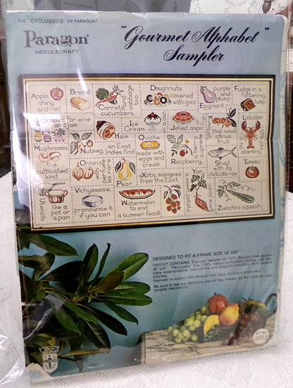 Fun Foodie GOURMET ALPHABET SAMPLER Embroidery Vintage Paragon 0653 Kitschy Kitchen Stitchery Kit
