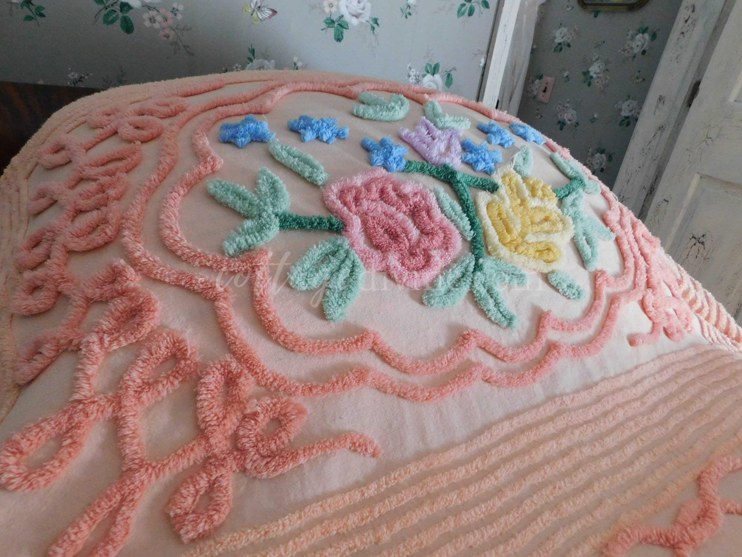 Romantic Vintage Chenille Bedspread, Spring Flowers on Old Fashioned Peach, Full Size 100% Cotton Summer Coverlet