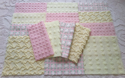 cheerful spring chenille fabric squares, set of 16 vintage pink & yellow quilt blocks 6" ea, rosebud, squiggles for crafts, quilting