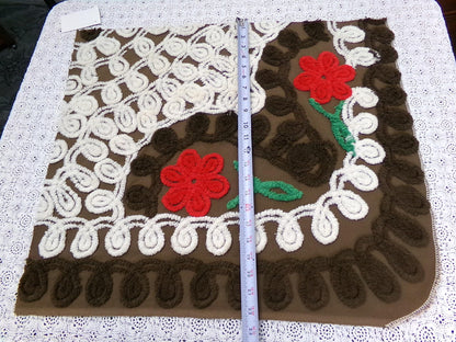 Rich Chocolate Vintage Chenille Bedspread Fabric Cherry Red Flowers 20x24"