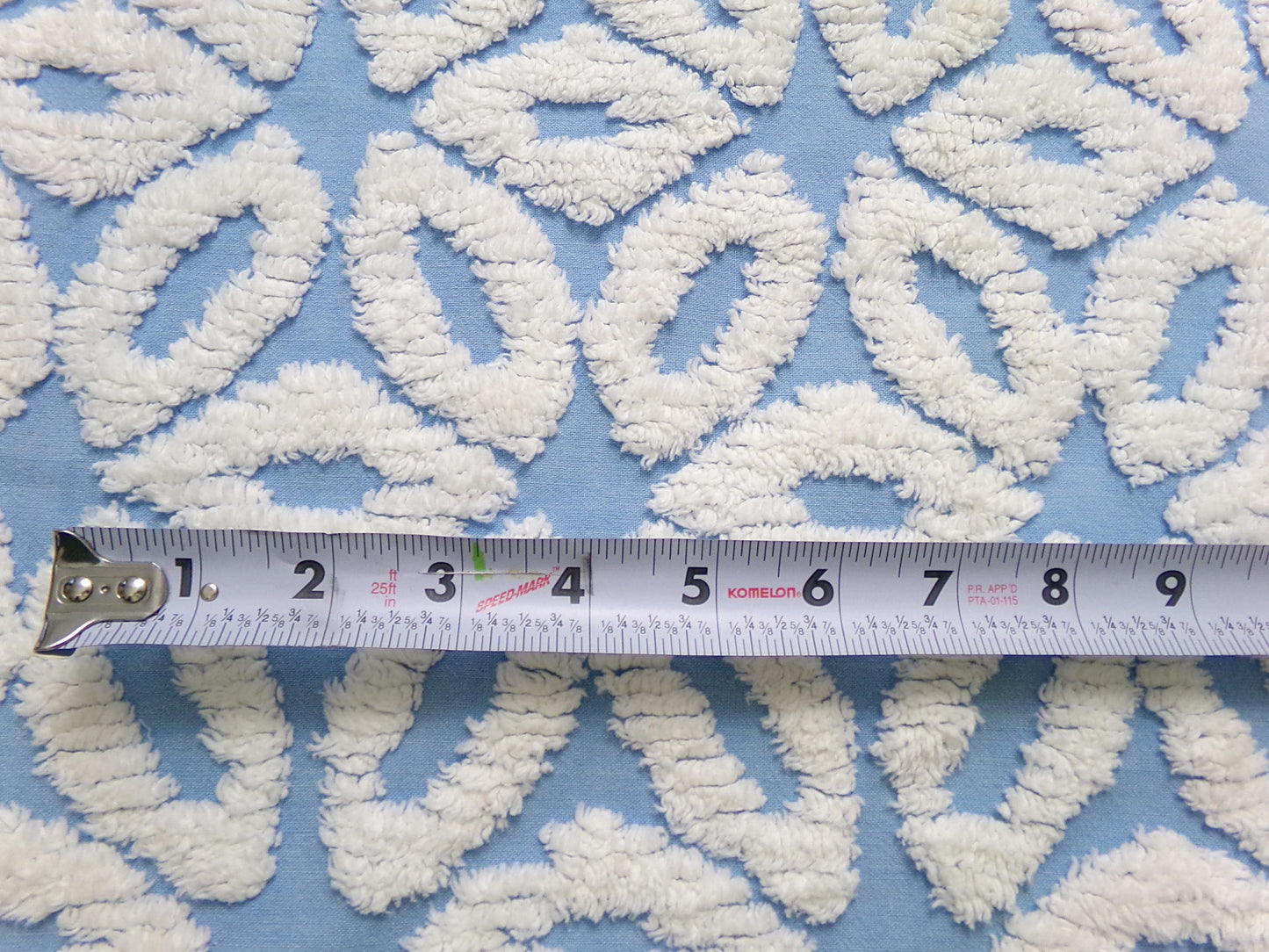 boho blue daisy vintage chenille bedspread fabric, white tufted daisies, 18" x 23"