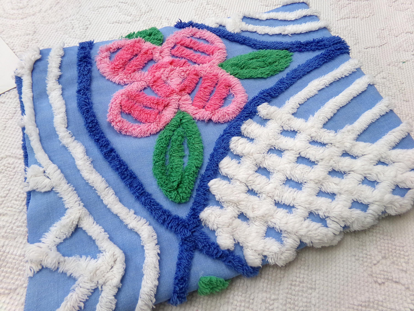 Vintage Chenille Fabric, Waterfall Blue & White Tropical Florals, 20" x 27" Cut Piece