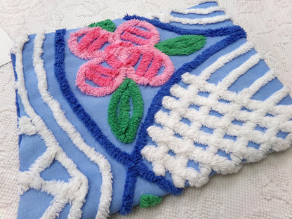Vintage Chenille Fabric, Waterfall Blue & White Tropical Florals, 20" x 27" Cut Piece