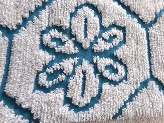 sea glass blue vintage chenille fabric, sculpted white daisy geometric design, 20" x 25" cut piece of sewing material for quilts, pillows